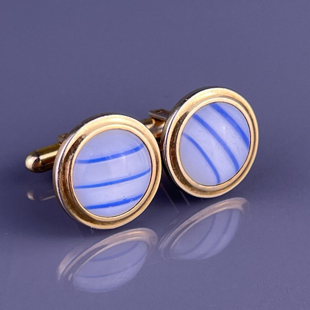White Blue Stripe Glass Dome Cufflinks Gold Tone Art Glass Round Vintage